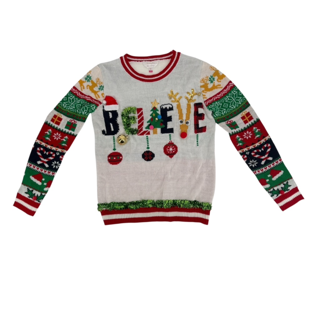 NWT No Boundaries Red White Believe Ugly Christmas Sweater Size XL Women’s